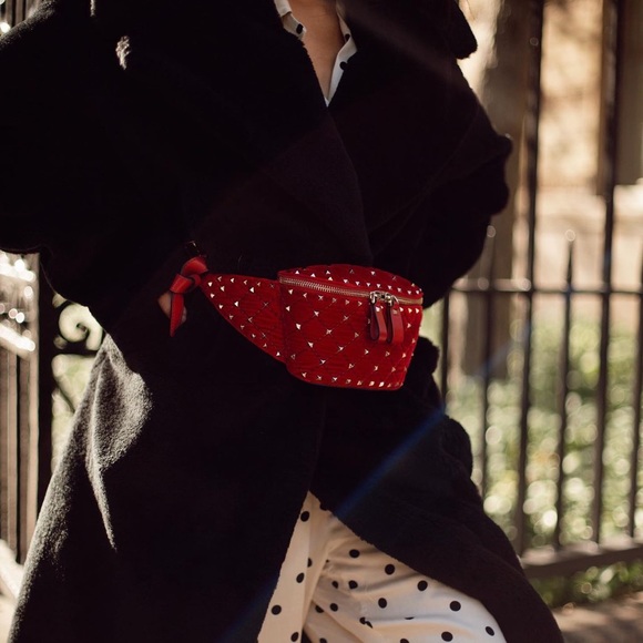 Valentino Garavani Rockstud Spike Red Velvet Belt Bag, Quilted - Picture 1 of 9